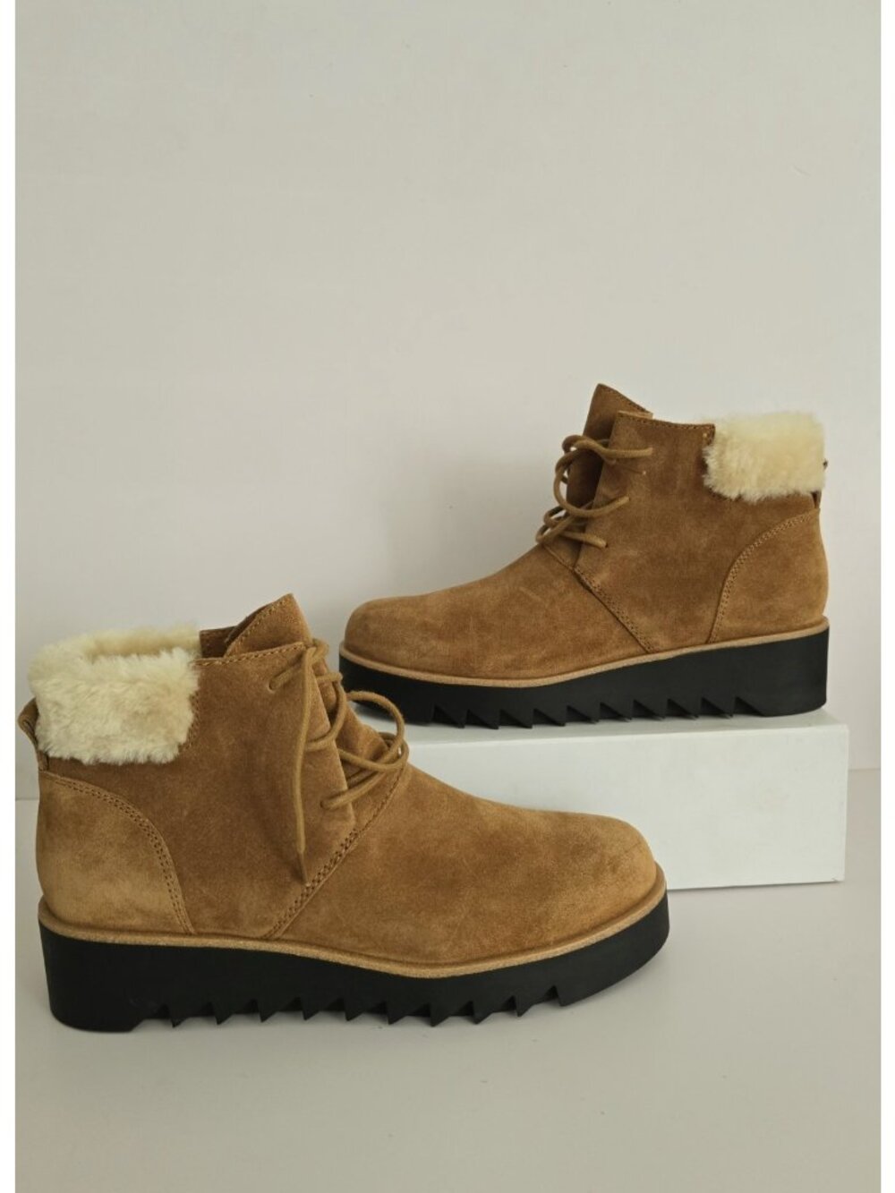 Eileen Fisher Kenille Wool Shearling Fur Suede Wedge Bootie Boots 8 Shoes Brown